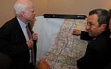 Senator John McCain, left, with Israeli Defense Minister Ehud Barak on March 19, 2008. (Matty Stern/US Embassy/Flash90)