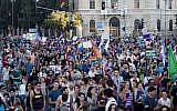 People participate in the annual Gay Pride parade in central Jerusalem, under heavy security on August 3, 2017. (Yonatan Sindel/Flash90)