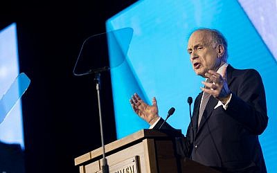 Chairman of the World Jewish Congress, Ron Lauder speaks during the 6th Global Forum for Combating Antisemitism conference at the Jerusalem Convention Center, on March 19, 2017 (Yonatan Sindel/Flash90)