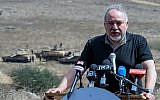 Defense Minister Avigdor Liberman tours an army drill in northern Israel on August 7, 2018. (Basel Awidat/Flash90)