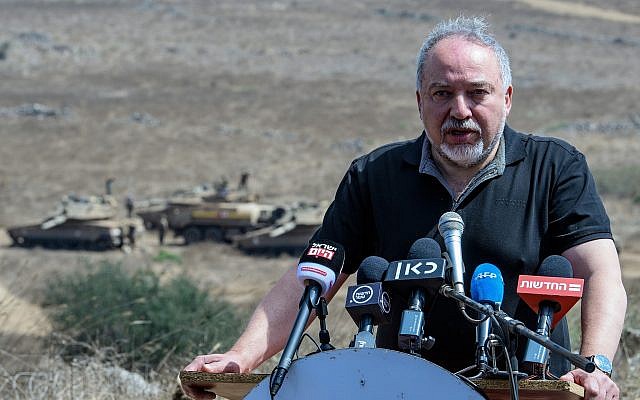 Defense Minister Avigdor Liberman tours an army drill in northern Israel on August 7, 2018. (Basel Awidat/Flash90) Defense Minister Avigdor Liberman tours an army drill in northern Israel on August 7, 2018. (Basel Awidat/Flash90)
