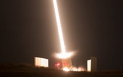 An Iron Dome Missile Defense battery fires an intercepting missile on August 9, 2018. (Yonatan Sindel/Flash90)