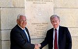 then-US Ambassador to Israel David Friedman, left, and then-US national security adviser John Bolton, visit the US Embassy in Jerusalem, on August 21, 2018. (Matty Stern/US Embassy Jerusalem)