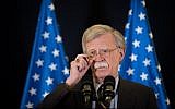 US National Security Adviser, Ambassador John Bolton, attends a press conference in Jerusalem, on August 22, 2018. (Yonatan Sindel/Flash90)