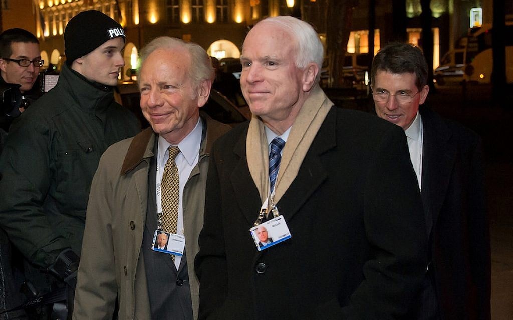 US Senator Joseph Lieberman (L) and US Senator John McCain arrive for the 50th Munich Security Conference in the Bayerischer Hof hotel on January 31, 2014 in Munich, Germany. (Joerg Koch/Getty Images via JTA) US Senator Joseph Lieberman (L) and US Senator John McCain arrive for the 50th Munich Security Conference in the Bayerischer Hof hotel on January 31, 2014 in Munich, Germany. (Joerg Koch/Getty Images via JTA)