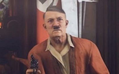 Nazi dictator Adolf Hitler is seen in front of a Nazi flag in the video game "Wolfenstein II." (Screen capture: YouTube)