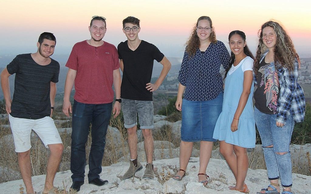 (From L-R) Shahar Glick, Shaun Vetshtein, Noam Hasson, Ayala Englander, Shay Nahum and Ofri Sela in the West Bank settlement of Peduel on July 18, 2018. (Jacob Magid/Times of Israel) (From L-R) Shahar Glick, Shaun Vetshtein, Noam Hasson, Ayala Englander, Shay Nahum and Ofri Sela in the West Bank settlement of Peduel on July 18, 2018. (Jacob Magid/Times of Israel)