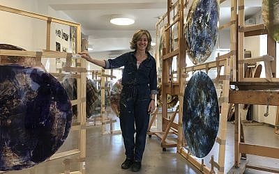 Beverly Barkat in her Jerusalem studio, a few weeks before the final completion and assembly of 'After the Tribes' (Jessica Steinberg/Times of Israel)