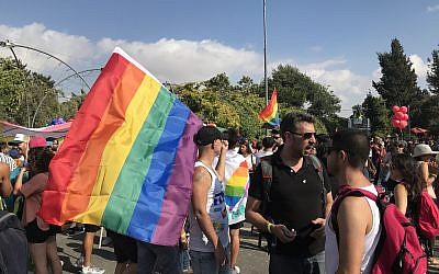 People gather for the annual Pride Parade in Jerusalem on August 2, 2018. (Luke Tress/Times of Israel) People gather for the annual Pride Parade in Jerusalem on August 2, 2018. (Luke Tress/Times of Israel)