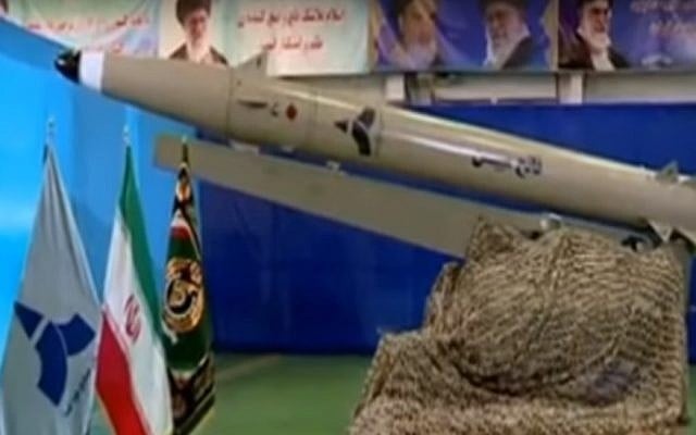 Screen capture from video of a new Iranian short-range ballistic missile, unveiled August 13, 2018. (YouTube) Screen capture from video of a new Iranian short-range ballistic missile, unveiled August 13, 2018. (YouTube)