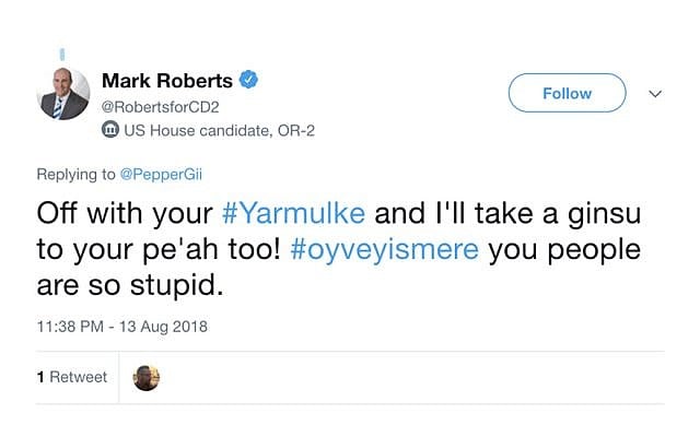 Jewish US congressional hopeful Mark Roberts has drawn fire for apparently anti-Semitic tweets. (Twitter via JTA) Jewish US congressional hopeful Mark Roberts has drawn fire for apparently anti-Semitic tweets. (Twitter via JTA)