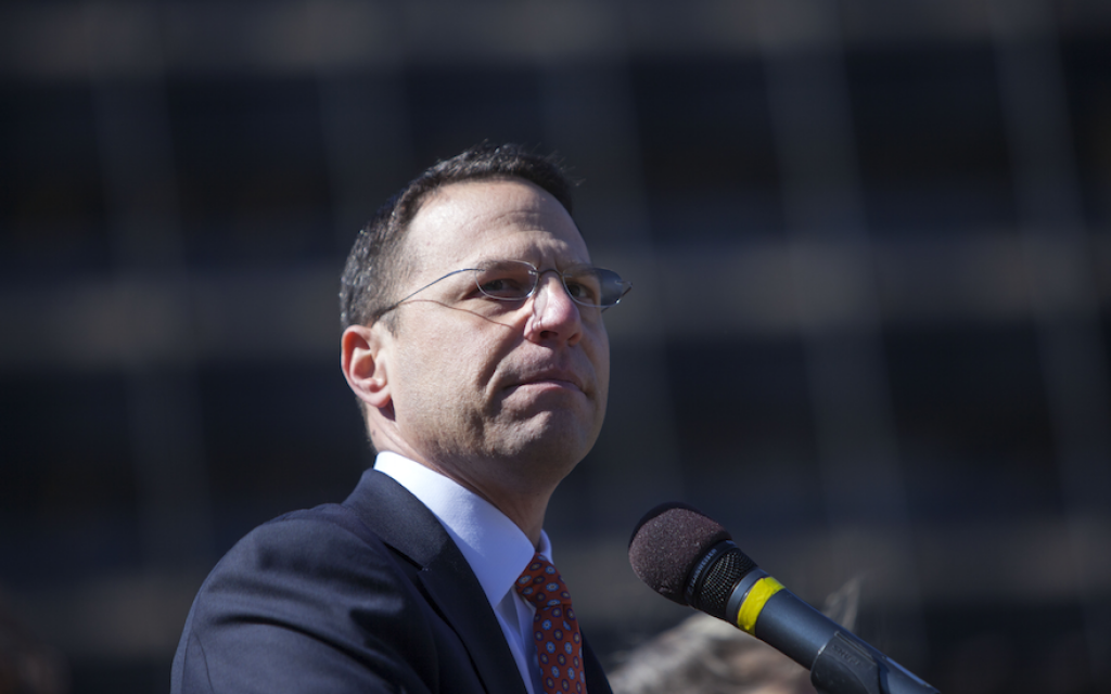 Pennsylvania Attorney General Josh Shapiro addresses a Stand Against Hate rally at Independence Mall in Philadelphia, March 2, 2017. (Jessica Kourkounis/Getty Images via JTA) Pennsylvania Attorney General Josh Shapiro addresses a Stand Against Hate rally at Independence Mall in Philadelphia, March 2, 2017. (Jessica Kourkounis/Getty Images via JTA)