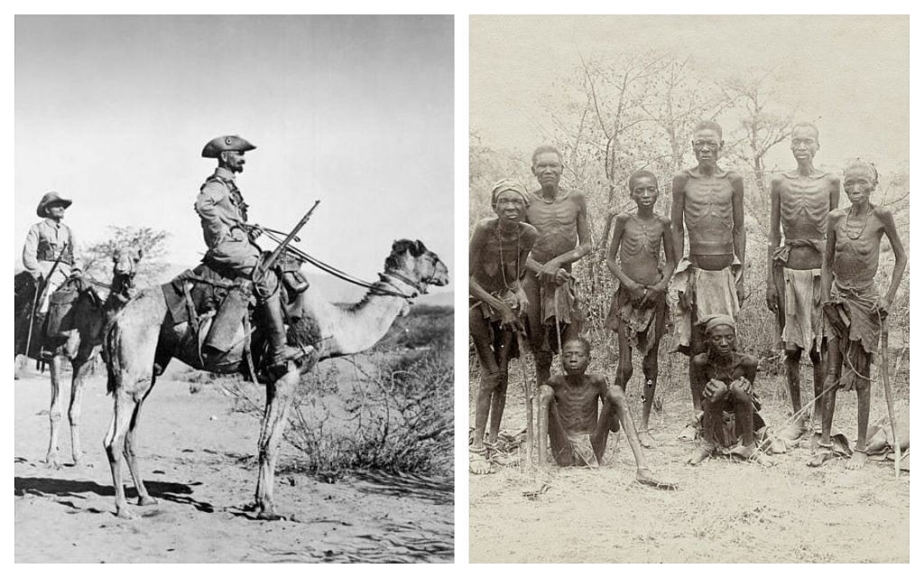 The German Kamelreiterpatrouille, or 'Camel Rider Patrol,' in Southwest Africa, 1906 - 1918. (Budesarchiv Bild); Surviving Herero after the escape through the arid desert of Omaheke in German South-West Africa, modern day Namibia. (Public domain) The German Kamelreiterpatrouille, or 'Camel Rider Patrol,' in Southwest Africa, 1906 - 1918. (Budesarchiv Bild); Surviving Herero after the escape through the arid desert of Omaheke in German South-West Africa, modern day Namibia. (Public domain)