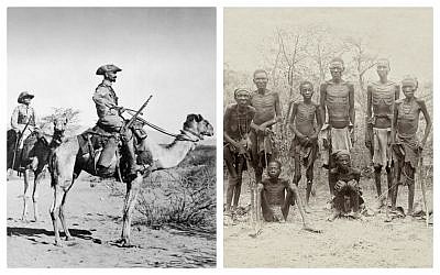 The German Kamelreiterpatrouille, or 'Camel Rider Patrol,' in Southwest Africa, 1906 - 1918. (Budesarchiv Bild); Surviving Herero after the escape through the arid desert of Omaheke in German South-West Africa, modern day Namibia. (Public domain)