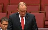 Fraser Anning speaking to Australia's Parliament on August 14, 2018. (screen capture: ABC)
