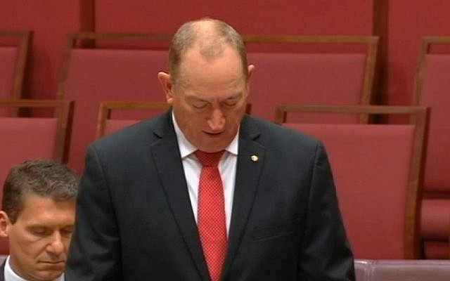 Fraser Anning speaking to Australia's Parliament on August 14, 2018. (screen capture: ABC)