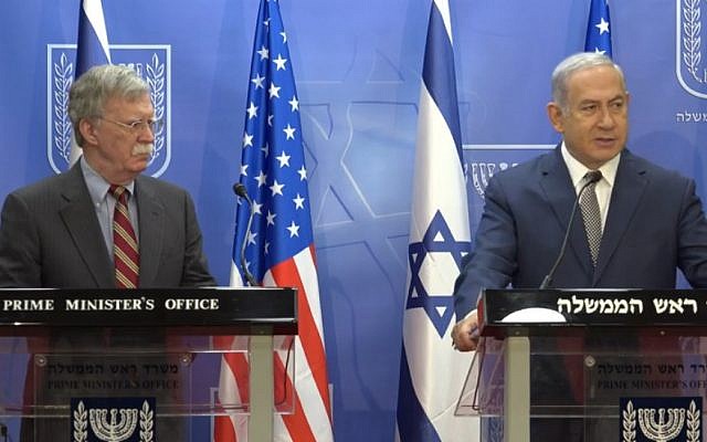 US National Security Adviser John Bolton (L) and Prime Minister Benjamin Netanyahu ahead of a meeting in Jerusalem, August 20, 2018 (PMO screenshot) US National Security Adviser John Bolton (L) and Prime Minister Benjamin Netanyahu ahead of a meeting in Jerusalem, August 20, 2018 (PMO screenshot)