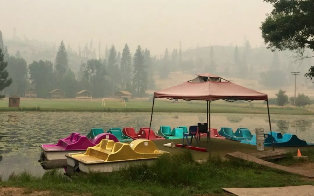A view of smoke at Camp Tawonga in California, on July 30, 2018. (Camp Tawonga/Julia Rose Kibben via JTA) A view of smoke at Camp Tawonga in California, on July 30, 2018. (Camp Tawonga/Julia Rose Kibben via JTA)