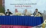 UK Labour party leader Jeremy Corbyn (second right) attends a 2012 conference in Doha along with several Palestinian terrorists convicted of murdering Israelis. (Screen capture: Twitter)