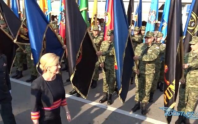 Croatian President Kolinda Grabar-Kitarovic reviews the troops at a ceremony marking the country's 1995 victory over Serbia. (Screen capture: YouTube) Croatian President Kolinda Grabar-Kitarovic reviews the troops at a ceremony marking the country's 1995 victory over Serbia. (Screen capture: YouTube)