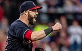 Jason Kipnis celebrating in a game against the Oakland Athletics at Progressive Field in Cleveland, July 6, 2018. (Jason Miller/Getty Images via JTA)