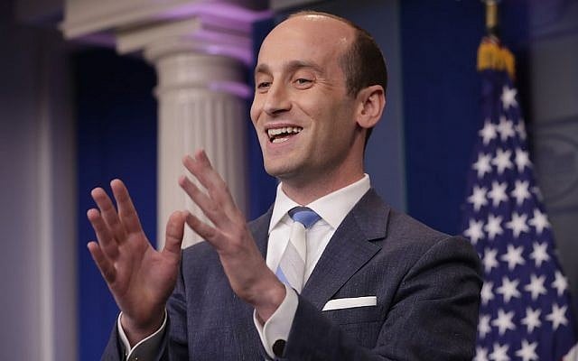 Stephen Miller talks to reporters at the White House on August 2, 2017. (Chip Somodevilla/ Getty Images via JTA) Stephen Miller talks to reporters at the White House on August 2, 2017. (Chip Somodevilla/ Getty Images via JTA)