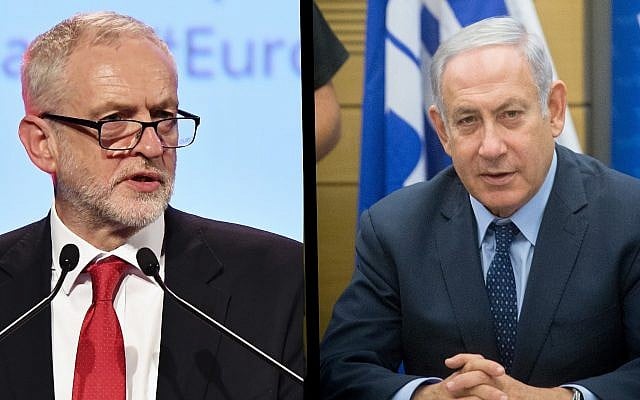 Composite image of Britain's Labour Party leader Jeremy Corbyn (l) in Brussels on October 19, 2017 and Israeli Prime Minister Benjamin Netanyahu in Jerusalem on July 16, 2018. (AP Photo/Geert Vanden Wijngaert and Miriam Alster/Flash90) Composite image of Britain's Labour Party leader Jeremy Corbyn (l) in Brussels on October 19, 2017 and Israeli Prime Minister Benjamin Netanyahu in Jerusalem on July 16, 2018. (AP Photo/Geert Vanden Wijngaert and Miriam Alster/Flash90)