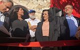 From left: Environment and Jerusalem Affairs Minister Ze'ev Elkin, Culture Minister Miri Regev, Ateret Cohanim Chairman Matti Dan, Likud MK Nurit Koren and Jeruslam mayoral candidate Moshe Leon sign the visitors' book at the  former Yemenite synagogue acquired by the right-wing Ateret Cohanim organization in the East Jerusalem neighborhood of Silwan, August 1, 2018. (Sue Surkes)