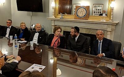 From left to right: Gamal A. El Sadat, Gigi Gabr, Shafik Gabr, Mrs. Jehan Sadat, Ezra Friedlander, Isaac Dabah. (Lenchevsky Images)