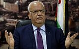 Saeb Erekat speaks to journalists in the West Bank city of Ramallah, on September 1, 2018. (AFP/Ahmad Gharabli)