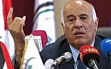 Palestinian Football Association (PFA) head and member of the Fatah Central Committee, Jibril Rajoub, speaks during a press conference in the West Bank city of Ramallah on September 3, 2018. (AFP PHOTO / ABBAS MOMANI)