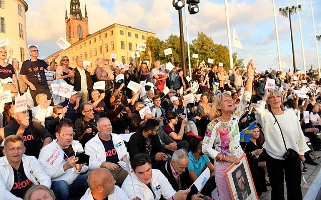 Supporters attend a campaign meeting of the party leader of the far-right Sweden Democrats, Jimmie Akesson, in Stockholm, Sweden September 8, 2018. (AFP/TT News Agency/Maja Suslin) Supporters attend a campaign meeting of the party leader of the far-right Sweden Democrats, Jimmie Akesson, in Stockholm, Sweden September 8, 2018. (AFP/TT News Agency/Maja Suslin)