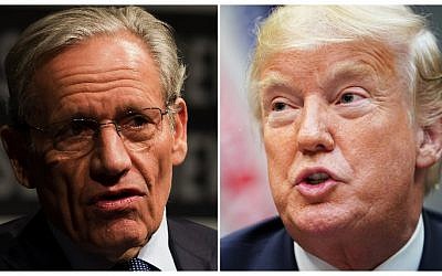 This combination of file photos created September 4, 2018 show Associate Editor of the Washington Post Bob Woodward (L) speaking at the Newseum during an event marking the 40th anniversary of Watergate at the Newseum in Washington, DC June 13, 2012; and US President Donald Trump speaking during an event to announce a grant for drug-free communities support program, in the Roosevelt Room of the White House in Washington, DC, on August 29, 2018. (AFP PHOTO / Mandel NGAN AND Jim WATSON)