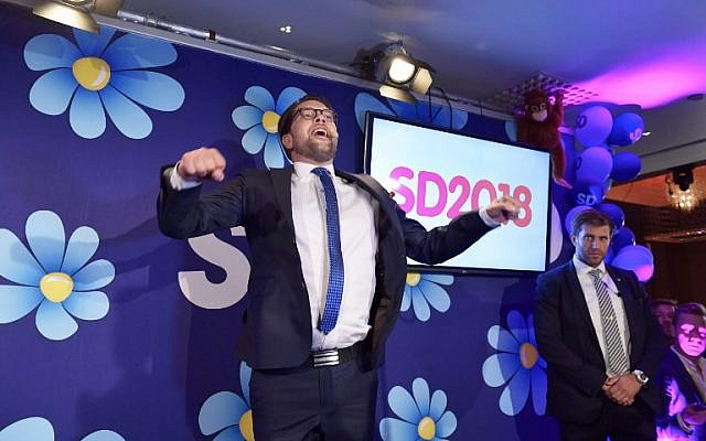 Jimmie Akesson of the Sweden Democrats speaks at an election party at the Kristallen restaurant in central Stockholm on September 9, 2018. (AFP Photo/TT News Agency/Anders Wiklund) Jimmie Akesson of the Sweden Democrats speaks at an election party at the Kristallen restaurant in central Stockholm on September 9, 2018. (AFP Photo/TT News Agency/Anders Wiklund)