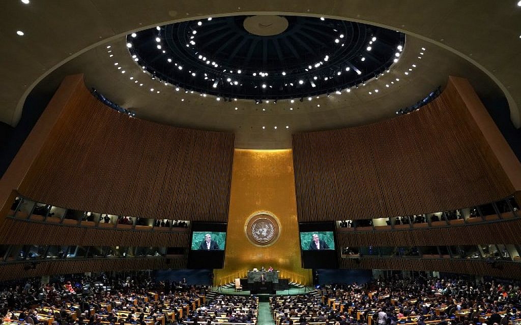 Illustrative: UN Secretary-General Antonio Guterres addresses the 73rd United Nations General Assembly on September 25, 2018, in New York. (AFP Photo/Timothy A. Clary)