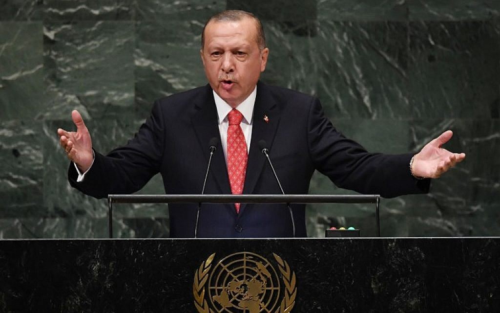 Turkish President Recep Tayyip Erdogan addresses the 73rd session of the General Assembly at the United Nations in New York on September 25, 2018. (AFP Photo/Timothy A. Clary)