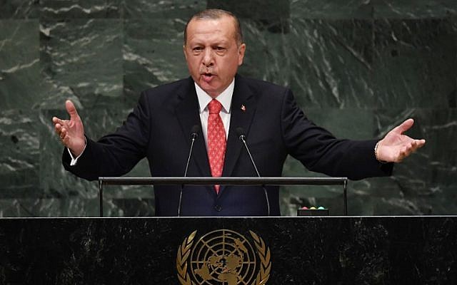 Turkish President Recep Tayyip Erdogan addresses the 73rd session of the General Assembly at the United Nations in New York on September 25, 2018. (AFP Photo/Timothy A. Clary)