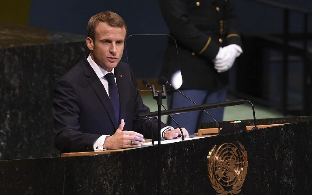 French President Emmanuel Macron addresses the 73rd session of the General Assembly at the United Nations in New York on September 25, 2018. (AFP Photo/Bryan R. Smith)