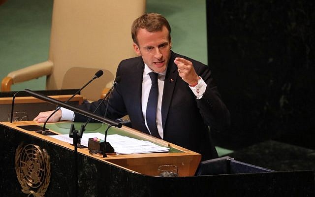 French President Emmanuel Macron delivers his speech during the annual general assembly at the United Nations headquarters in New York City on September 25, 2018. (Ludovic MARIN/AFP) French President Emmanuel Macron delivers his speech during the annual general assembly at the United Nations headquarters in New York City on September 25, 2018. (Ludovic MARIN/AFP)