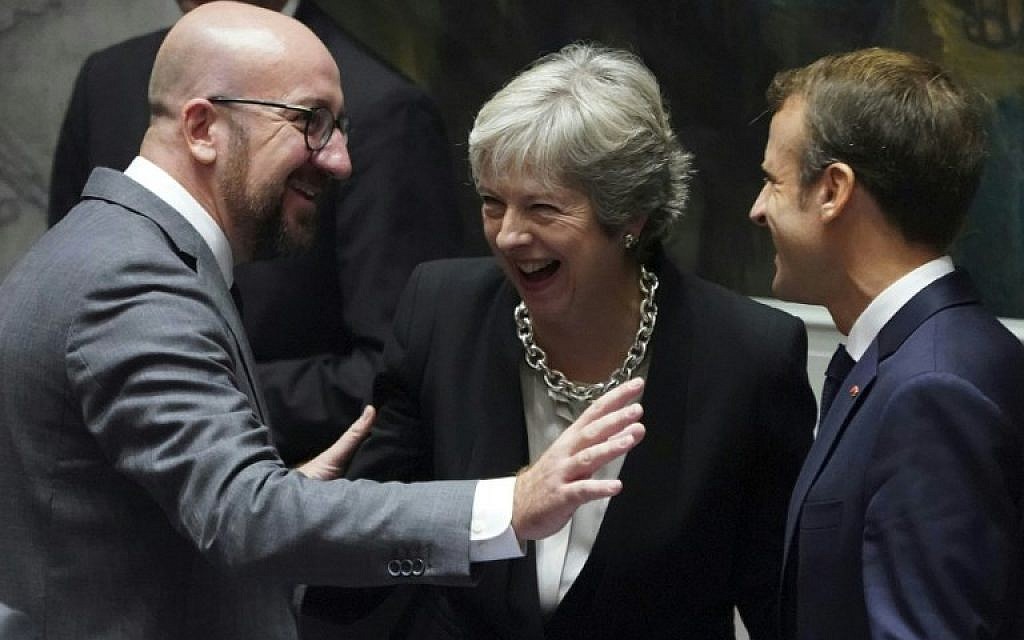 Belgian Prime Minister Charles Michel (L), British Prime Minister Theresa May and French President Emmanuel Macron are seen September 26, 2018 on the second day of the United Nations General Assembly in New York. (AFP PHOTO / Don EMMERT) Belgian Prime Minister Charles Michel (L), British Prime Minister Theresa May and French President Emmanuel Macron are seen September 26, 2018 on the second day of the United Nations General Assembly in New York. (AFP PHOTO / Don EMMERT)