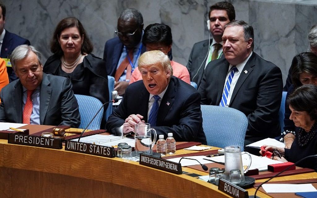 UN General Secretary Antonio Guterres (L) listens to US President Donald Trump as he opens the UN Security Council meeting on September 26, 2018 in New York on the sidelines of the UN General Assembly. (AFP PHOTO / Don EMMERT) UN General Secretary Antonio Guterres (L) listens to US President Donald Trump as he opens the UN Security Council meeting on September 26, 2018 in New York on the sidelines of the UN General Assembly. (AFP PHOTO / Don EMMERT)
