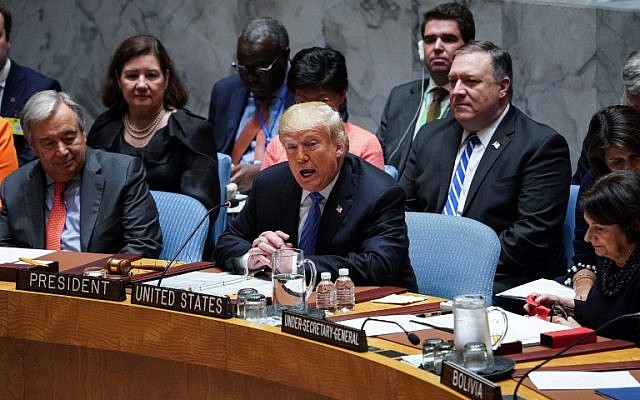 UN General Secretary Antonio Guterres (L) listens to US President Donald Trump as he opens the UN Security Council meeting on September 26, 2018 in New York on the sidelines of the UN General Assembly. (AFP PHOTO / Don EMMERT) UN General Secretary Antonio Guterres (L) listens to US President Donald Trump as he opens the UN Security Council meeting on September 26, 2018 in New York on the sidelines of the UN General Assembly. (AFP PHOTO / Don EMMERT)