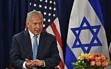 Prime Minister Benjamin Netanyahu speaks during a meeting with US President Donald Trump (out of frame) on September 26, 2018 in New York on the sidelines of the UN General Assembly (AFP PHOTO / Nicholas Kamm)