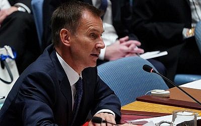 British Foreign Secretary Jeremy Hunt speaks at the United Nations Security Council meeting on North Korea, September 27, 2018 at the United Nations in New York. (AFP/Don Emmert)