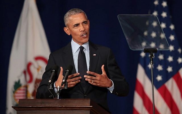 Former US President Barack Obama speaks to students at the University of Illinois where he accepted the Paul H. Douglas Award for Ethics in Government on September 7, 2018 in Urbana, Illinois. (Scott Olson/Getty Images/AFP) Former US President Barack Obama speaks to students at the University of Illinois where he accepted the Paul H. Douglas Award for Ethics in Government on September 7, 2018 in Urbana, Illinois. (Scott Olson/Getty Images/AFP)