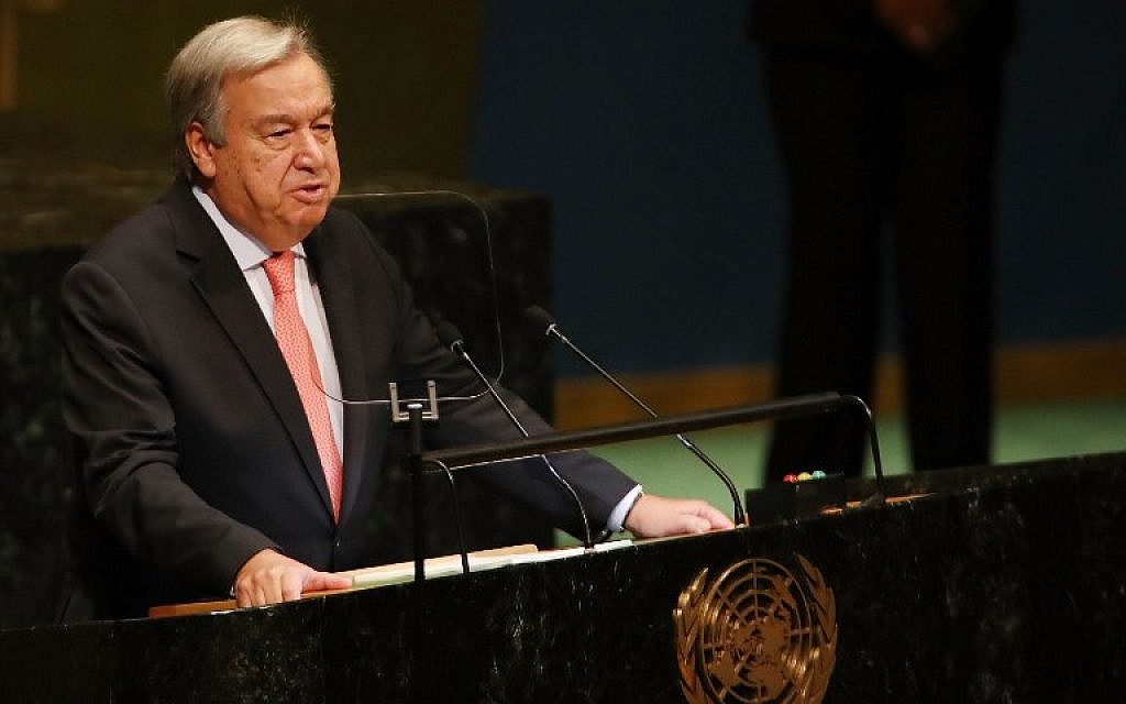 UN Secretary-General Antonio Guterres addresses the 73rd United Nations General Assembly on September 25, 2018, in New York City. (Spencer Platt/Getty Images/AFP)