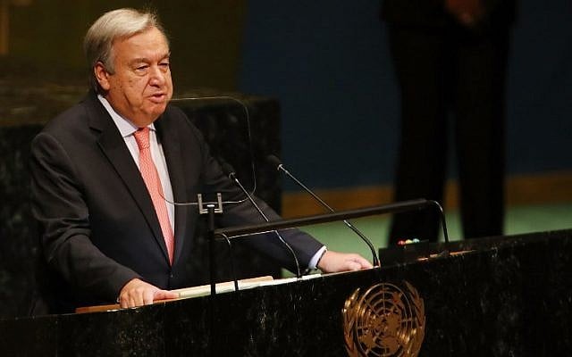 UN Secretary-General Antonio Guterres addresses the 73rd United Nations General Assembly on September 25, 2018, in New York City. (Spencer Platt/Getty Images/AFP)