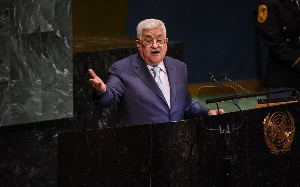 Palestinian Authority President Mahmoud Abbas delivers a speech to the United Nations General Assembly on September 27, 2018 in New York City. (Stephanie Keith/Getty Images/AFP) Palestinian Authority President Mahmoud Abbas delivers a speech to the United Nations General Assembly on September 27, 2018 in New York City. (Stephanie Keith/Getty Images/AFP)