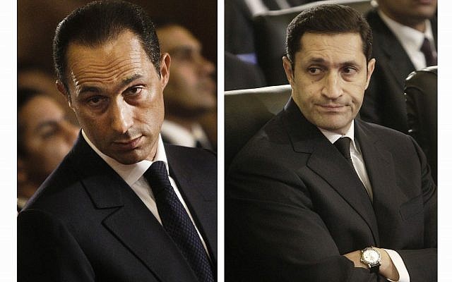 This combination of Jan. 6, 2011 file images shows Gamal Mubarak, left, and Alaa Mubarak, right, attending a Christmas Eve Mass at the Coptic cathedral in Cairo, Egypt. (AP Photo/File) This combination of Jan. 6, 2011 file images shows Gamal Mubarak, left, and Alaa Mubarak, right, attending a Christmas Eve Mass at the Coptic cathedral in Cairo, Egypt. (AP Photo/File)