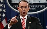 In this July 13, 2018, file photo, Deputy Attorney General Rod Rosenstein speaks during a news conference at the Department of Justice in Washington. (AP Photo/Evan Vucci)
